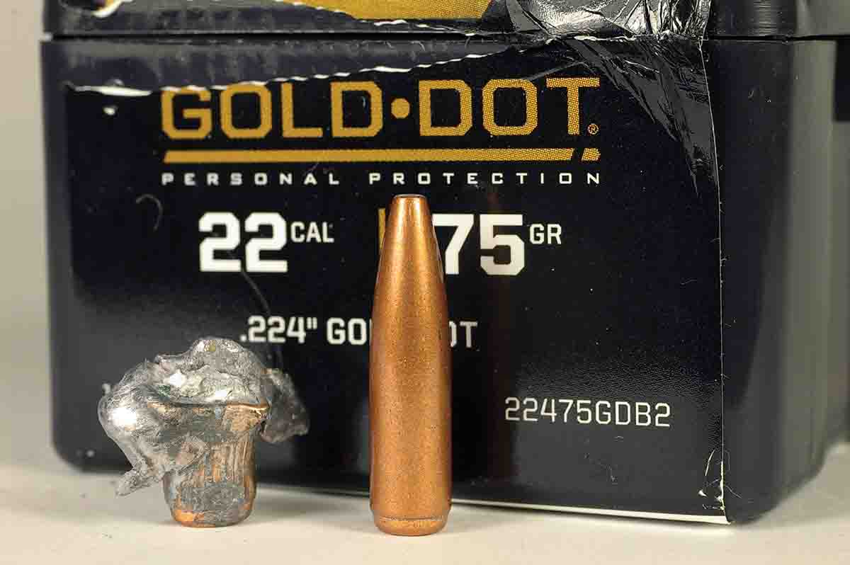 The Speer .22-caliber 75-grain Gold Dot is one tough bullet. The expanded bullet was traveling 2,500 fps when it hit a bundle of paper.